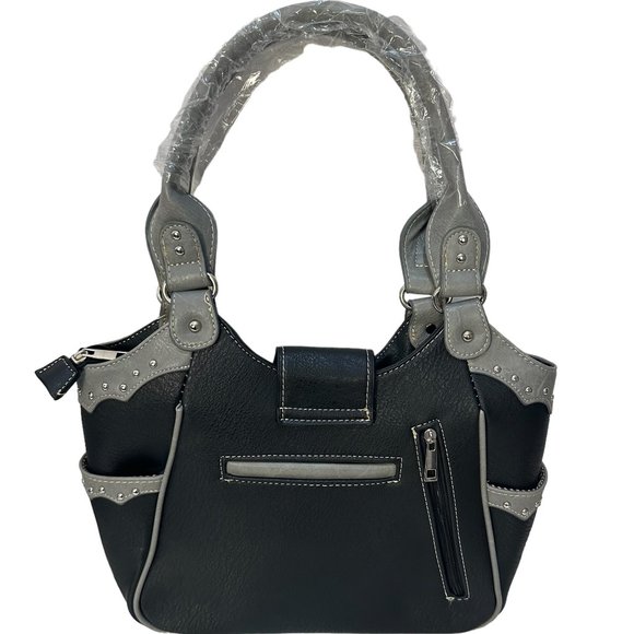 (7-200) Brand New with Tag -Black & (Turq) Western Style Two Handle Shoulder Bag - Picture 2 of 12